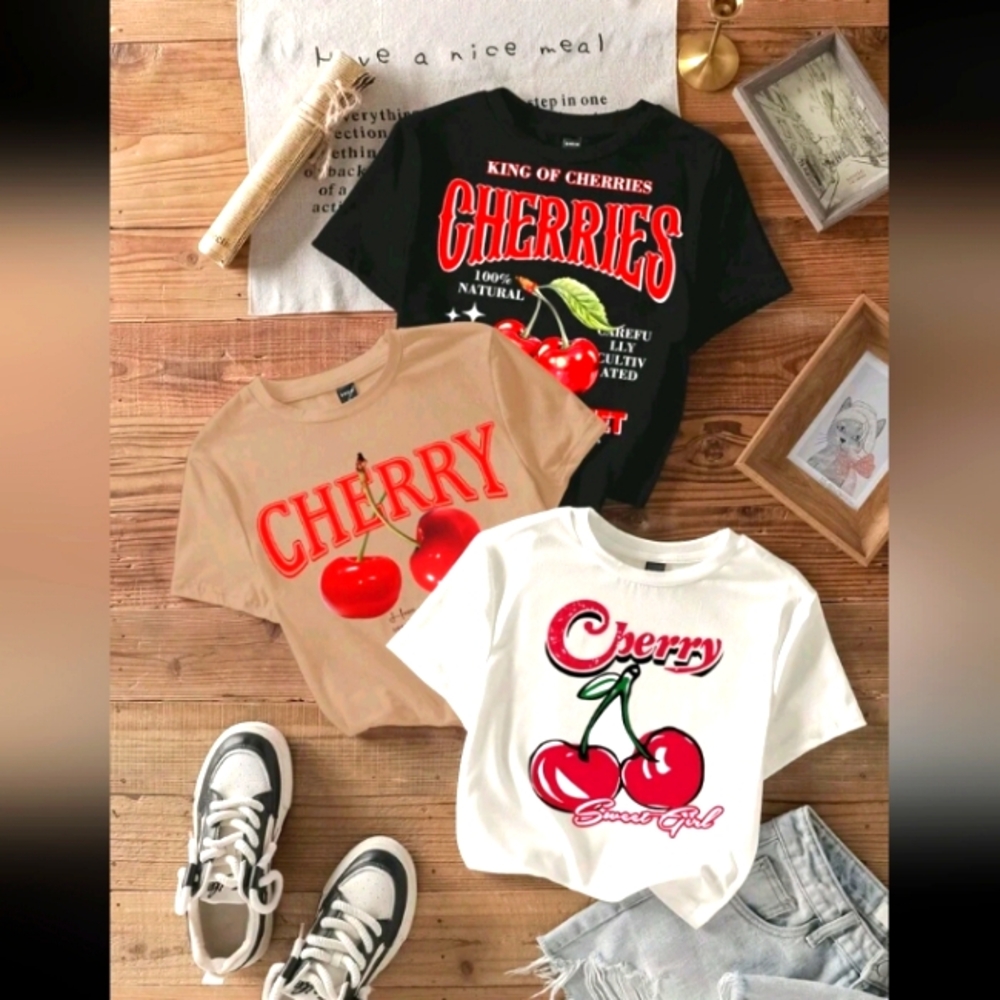 Cherry Graphic T-Shirt Set - Black, Tan, White